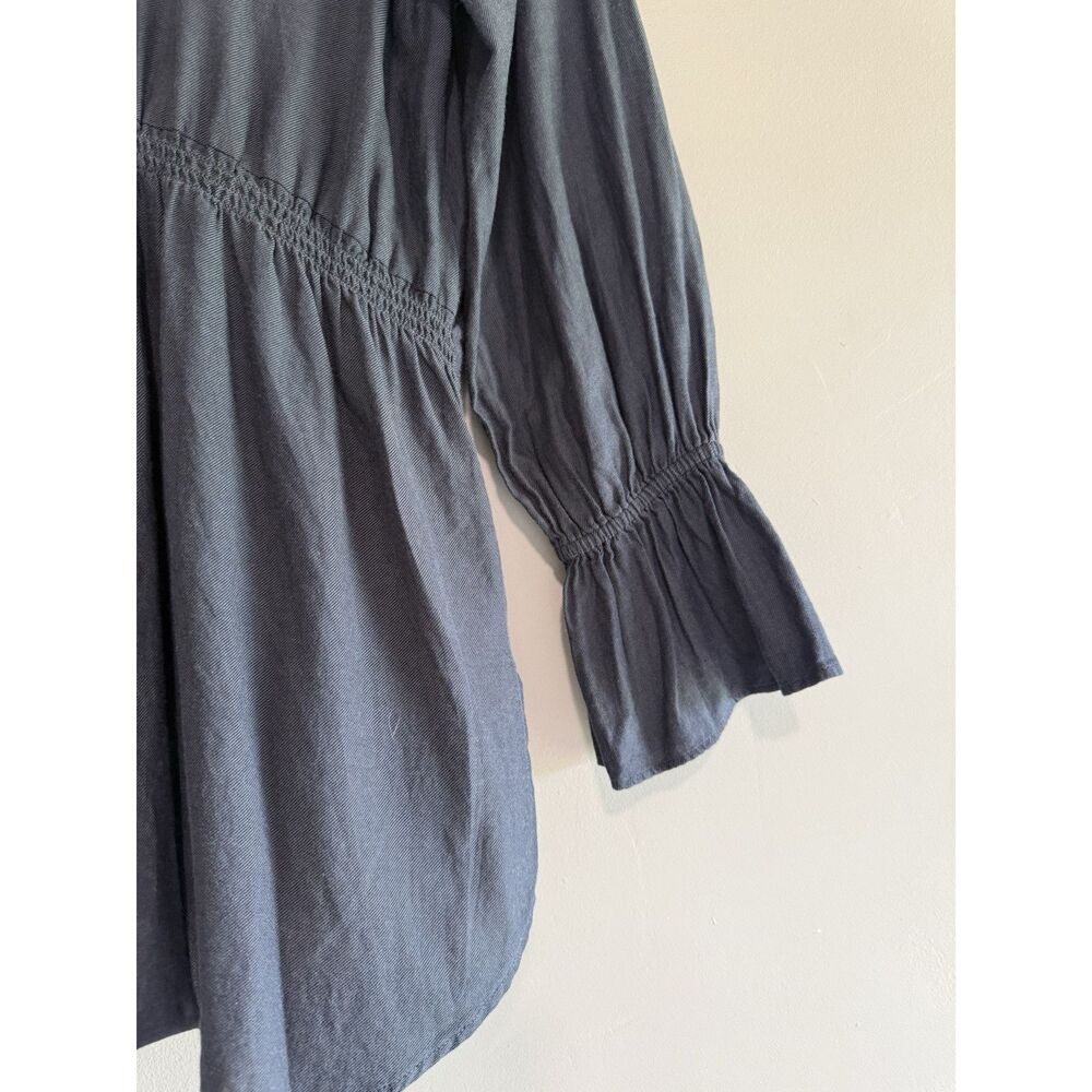 Loft Cotton Navy Top Long Sleeve Flutter Ruched Ruffle Flared Nautical Button M - Picture 6 of 15